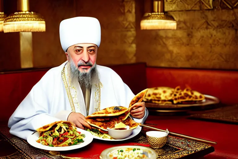 Image similar to Ottoman Sultan Mehmet IV eating shawarma in a restaurant, wearing big ovular turban and a luxurious Ottoman coat, mid-shot, cold lighting, photography from Vogue Magazine, neat, precise, realistic, detailed facial features, expressive, photorealistic, hyperrealism, micro details, HDR Shot, in the style of Martin Schoeller