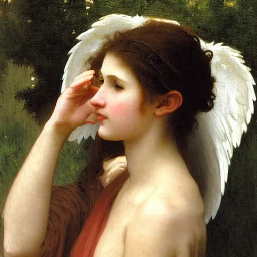 Prompt: an oil painting of an angel talking with an iPhone close to her ear, by Bouguereau, highly realistic and intricate