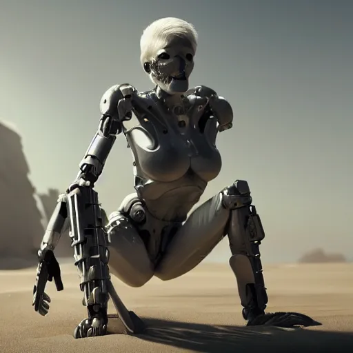 Prompt: beautiful tall female cyborg, brilliant short white hair, glowing white eyes, wearing brutalist industrial military body armor, kneeling over a human skull half buried in the sand,dynamic dramatic dark moody lighting,shadows,cinematic atmosphere,Artstation, hyperrealistic 3D digital art,Octane render,8K 4K UHD image