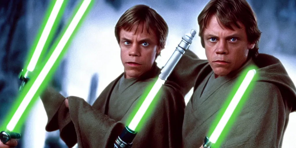 Image similar to a still from a film featuring middle aged mark hamill as jedi master luke skywalker, holding a green lightsaber by the hilt, full body, 3 5 mm, directed by steven spielberg, 1 9 9 9