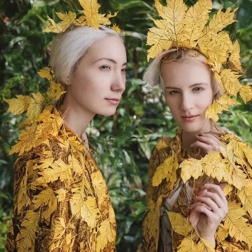 Image similar to portrait photograph of an extremely beautiful!!!! young female , symmetric face!, symmetric round detailed eyes!!, slight smile, natural light, wearing a yellow kimono!! with a very detailed barn owl! on her shoulder in a tropical greenhouse. looking at the camera!!. golden crown made of golden leaves. super resolution. Extremely detailed. Graflex camera!, bokeh!!!!!.