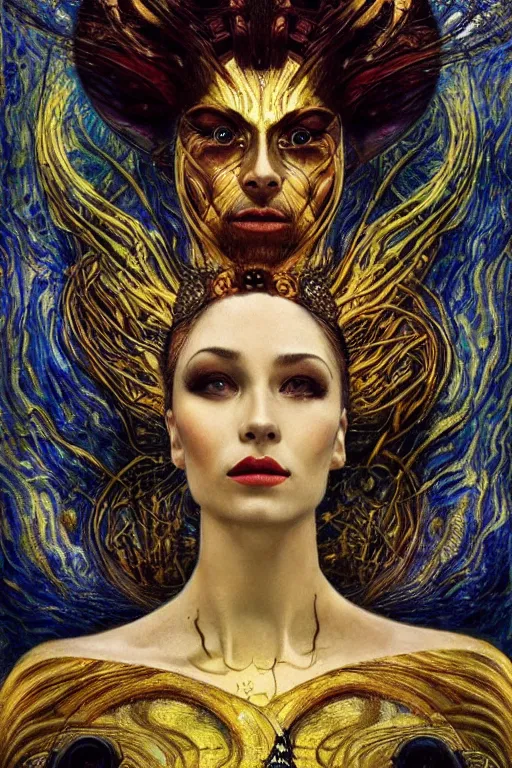 Image similar to Intermittent Chance of Chaos Muse by Karol Bak, Jean Deville, Gustav Klimt, and Vincent Van Gogh, beautiful surreal portrait, enigma, Loki's Pet Project, destiny, fate, inspiration, muse, otherworldly, fractal structures, arcane, ornate gilded medieval icon, third eye, spirals