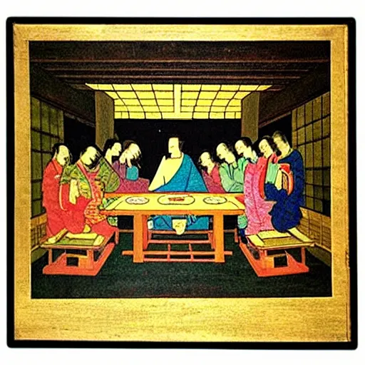 Image similar to “A old Japanese woodblock style painting of The Last Supper by Leonardo da Vinci”