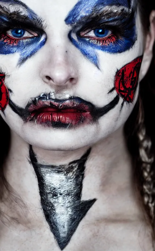 Image similar to photorealistic portrait of female viking warrior in tribal face paint, bloody nose, blue eyes, porcelain skin, black hair, determined