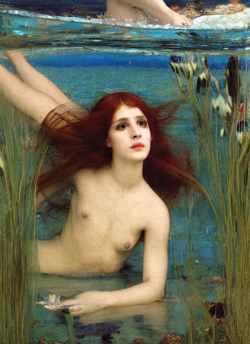 Image similar to lady laying under the sea on the seabed amongst the weeds, underwater shot, submerged, medium shot, on the bed of the river preraphaelite colour photography by john william waterhouse, 8 k