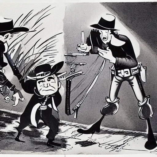 Prompt: Lucky Luke shooting the Dalton brother dead, by the artist Morris