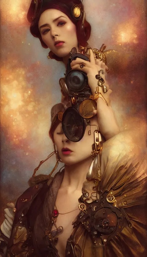 Prompt: hyper realistic photographer taking a picture, magical, gems, jewels, gold, steampunk, cyberpunk, painted by tom bagshaw, mucha, gaston bussiere, craig mullins, j. c. leyendecker 8 k