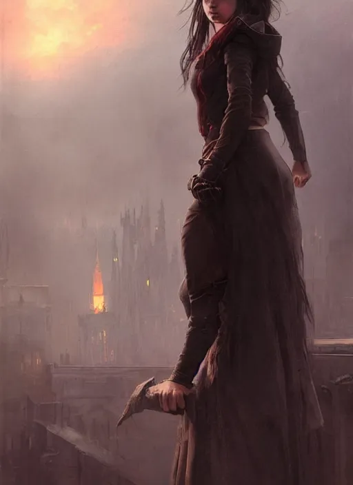 Image similar to a teenage girl with very short dark hair and a tattered grey cloak. she stands on top of a building in a gothic fantasy city. the sky has a red glow and ash is falling. beautiful painting by greg rutkowski