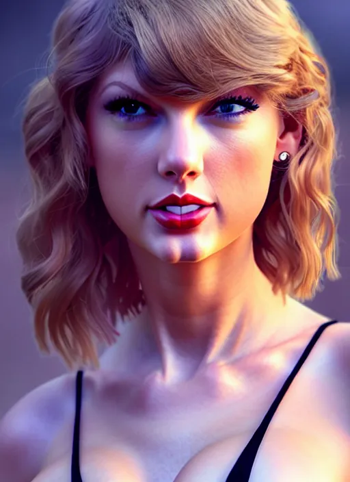 Image similar to 3 / 4 view of a portrait of taylor swift wears compact alluring bikini, evangelion, au naturel, hyper detailed, digital art, trending in artstation, cinematic lighting, studio quality, frostbite 3 engine rendered, octane render, art style by klimt and nixeu and ian sprigger and wlop and krenz cushart