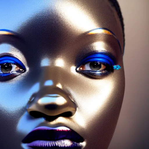 Image similar to portrait of metallic face, african woman, mercury, reflections, smooth texture, liquid metal, proud looking, outdoor, blue sky, 8 k, realistic, depth of field, highly detailed, art photography