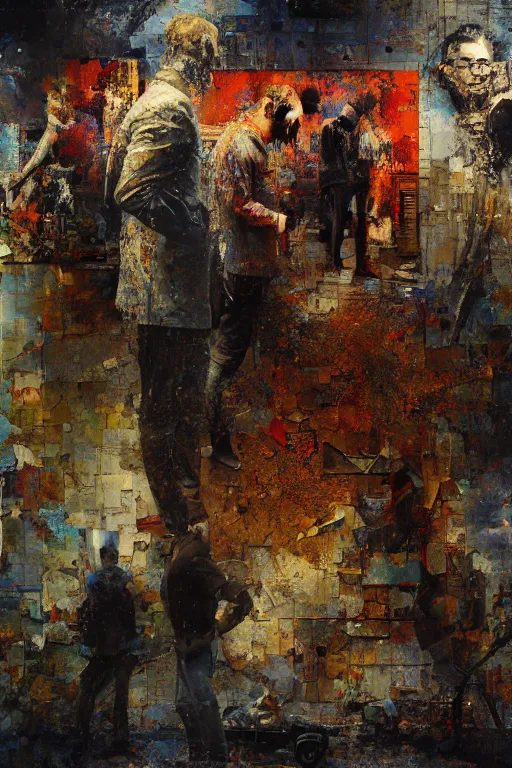 Image similar to a beautiful glitched painting by robert proch of people in front of a painting in a museum gallery, metal rust and plaster materials, pixel sorting, color bleeding, brushstrokes by jeremy mann, still life, dark colors