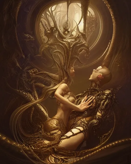 Prompt: fractal lovers by giger, passionate pose, golden ratio, deep focus, d & d, dark fantasy, intricate glow accents, elegant, highly detailed, digital painting, artstation, concept art, matte, sharp focus, octane render, hearthstone, art by artgerm and greg rutkowski and alphonse mucha