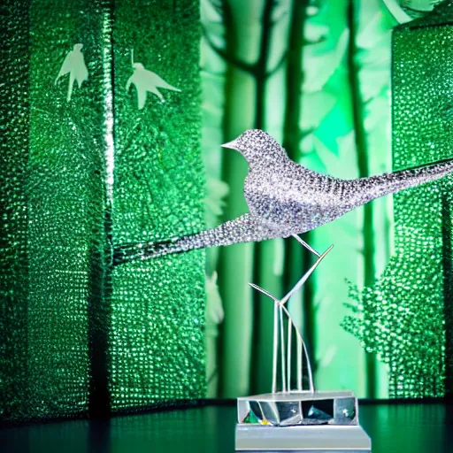 Image similar to a real life bird made out of crystal andextremely reflective metal, background is a green forest, studio lighting, award winning photo