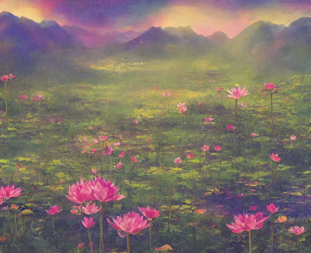 Image similar to a landscape pastel in the style of noriyoshi ohrai of a field of lotus flowers, glowing with iridescent mana. some misty mountains in the background. key art. 4 k retrofuturistic fantasy