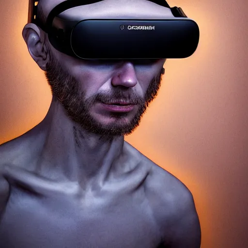 Image similar to Colour Caravaggio Bosch style Photography of Man with transparent glowing skin with highly detailed 1000 years old face with transparent glowing skin wearing highly detailed sci-fi VR headset designed by Josan Gonzalez. Many details . In style of Josan Gonzalez and Mike Winkelmann and andgreg rutkowski and alphonse muchaand and Caspar David Friedrich and Stephen Hickman and James Gurney and Hiromasa Ogura. Rendered in Blender and Octane Render volumetric natural light