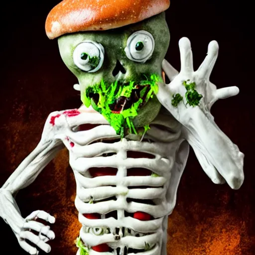 Image similar to a humanoid bipedal upright zombie that strongly resembles a hamburger, professional food photography