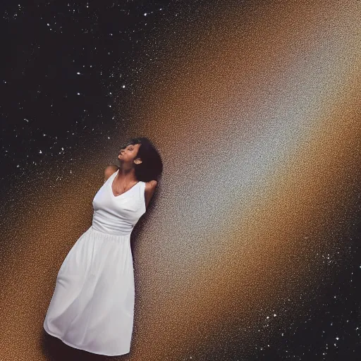 Prompt: a woman in a thin dress floating in space