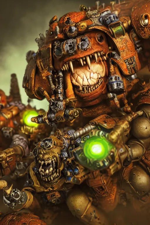 Image similar to a portrait of ork boyz, warhammer 4 0 k setting, dynamic pose, close - up, intricate details, intricately detailed clothing, intricate textures, warm lighting, vivid colors, smoke and mist, realistic octane render, hyper realistic render, volumetric shading, depth of field, raytracing, 8 k,