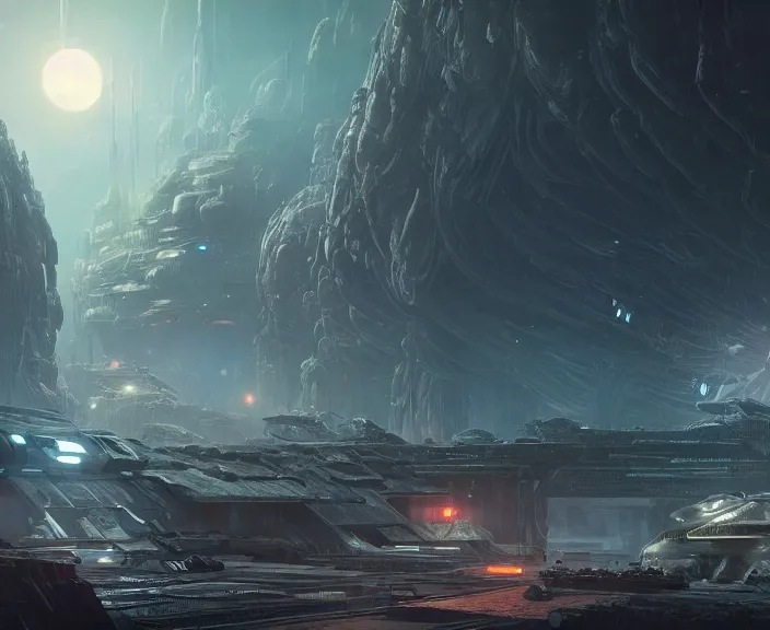 Prompt: A colony built on the dark side of an asteroid as a Starcitizen loading screen, intricate, dystopian, fantasy, extremely detailed, digital painting, artstation, concept art, smooth, sharp focus, illustration, stark lighting, incredible art by artgerm and greg rutkowski and alphonse mucha and simon stalenhag
