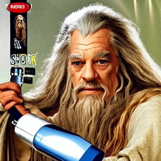 Image similar to gandalf as chewbacca, hair dryer commercial, hair dryer advertisement