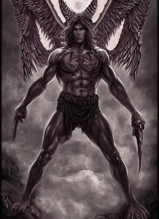 Image similar to attractive Sam Winchester as a muscular angel with demon wings wide open, whole body tattooed with runes and satanic symbols, D&D!, fantasy style, sharp focus!, ultra detailed, art by Artgerm and Peter Andrew Jones, WLUP