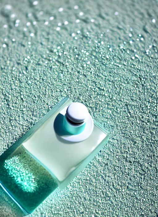 Prompt: perfume bottle covered in seafoam, white glittering sand, and corals, up close shot, sharp focus, global illumination, radiant light, alexandre ferra white, irakli nadar, octane highly render, 4 k, ultra hd,