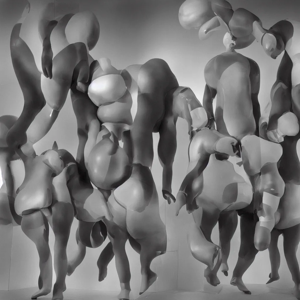 Prompt: conjoined triplets inflated to the size of cows. they are compressed into a perspex cube. they are being observed by a man. a man who has the torso of a horse inside his skull. this is the future. the year is 3 9 0 0. 3 5 mm film, art gallery with beautiful lighting. photographic masterpiece.