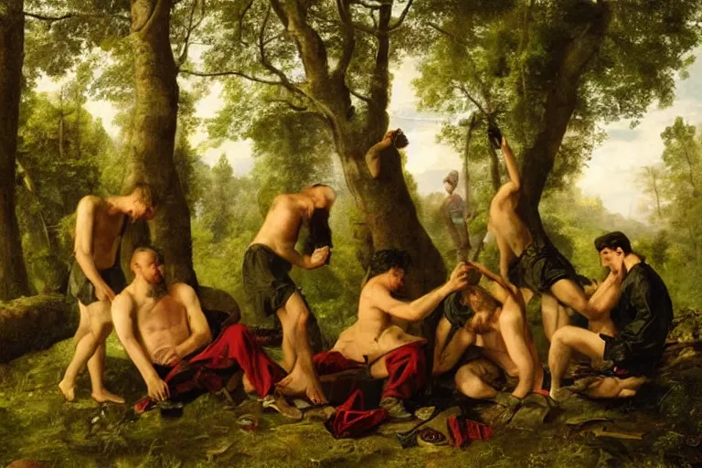 Image similar to mid - thirties guys binge drinking in a forest, in the style of skovgaard