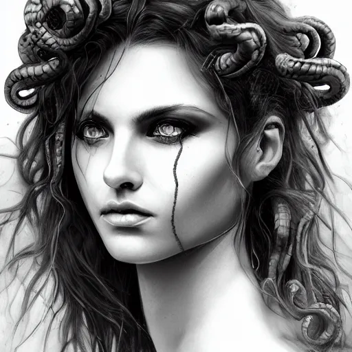 Prompt: medusa portrait painting, black and white, artstation, detailed, blurred background