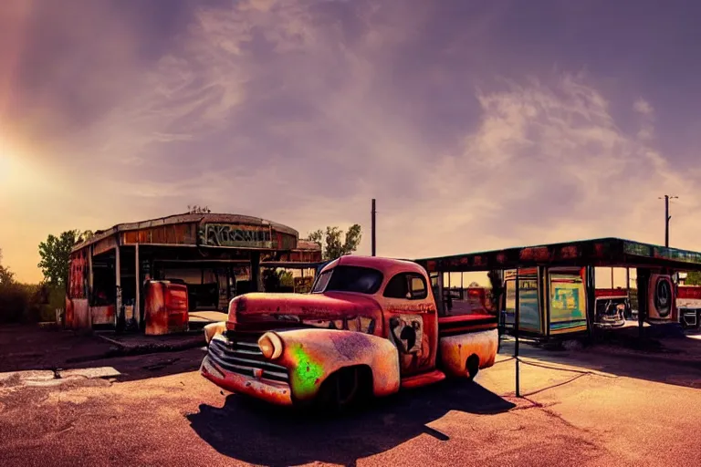 Image similar to a sunset light landscape with historical route 6 6, lots of sparkling details and sun ray ’ s, blinding backlight, smoke, volumetric lighting, colorful, octane, 3 5 mm, abandoned gas station, old rusty pickup - truck, beautiful epic colored reflections, very colorful heavenly, softlight