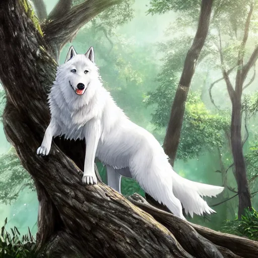 Image similar to highly detailed digital art of a magestic white wolf standing on an overgrown fallen tree trunk, lush surroundings, sunshine, kimi no na wa, trending on artstation, tranquil, landscape, super wide angle,