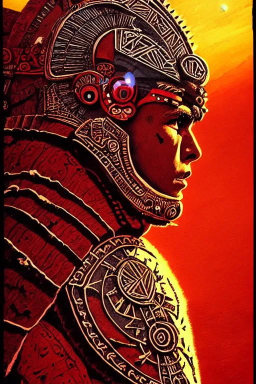 Image similar to aztec warrior, character portrait, portrait, close up, concept art, intricate details, highly detailed, blood moon background, soft light, vintage sci - fi poster, in the style of chris foss, rodger dean, moebius, michael whelan, and gustave dore