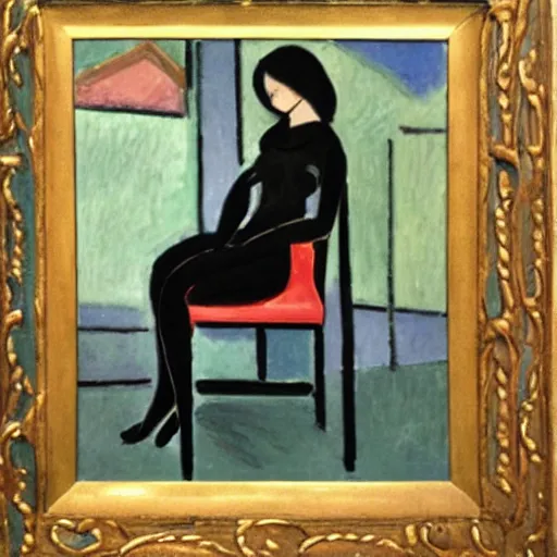 Image similar to an oil painting by matisse of marvel black widow sitting on a chair,