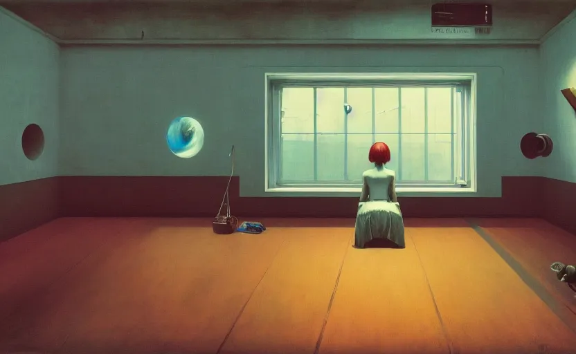 Image similar to Inside a Space station, Edward Hopper and James Gilleard, Zdzislaw Beksinski, Mark Ryden, Wolfgang Lettl highly detailed, hints of Yayoi Kasuma