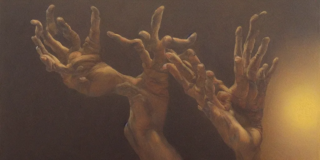 Prompt: Painting in style of Beksinski of an old human hand, that is reaching for light. Dramatic, highly detailed, masterpiece