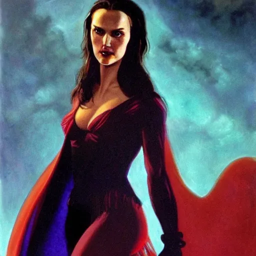 Prompt: Natalie Portman as a vampire sorceress, Joe Jusko, Frank Frazetta, artstation, 8k photography