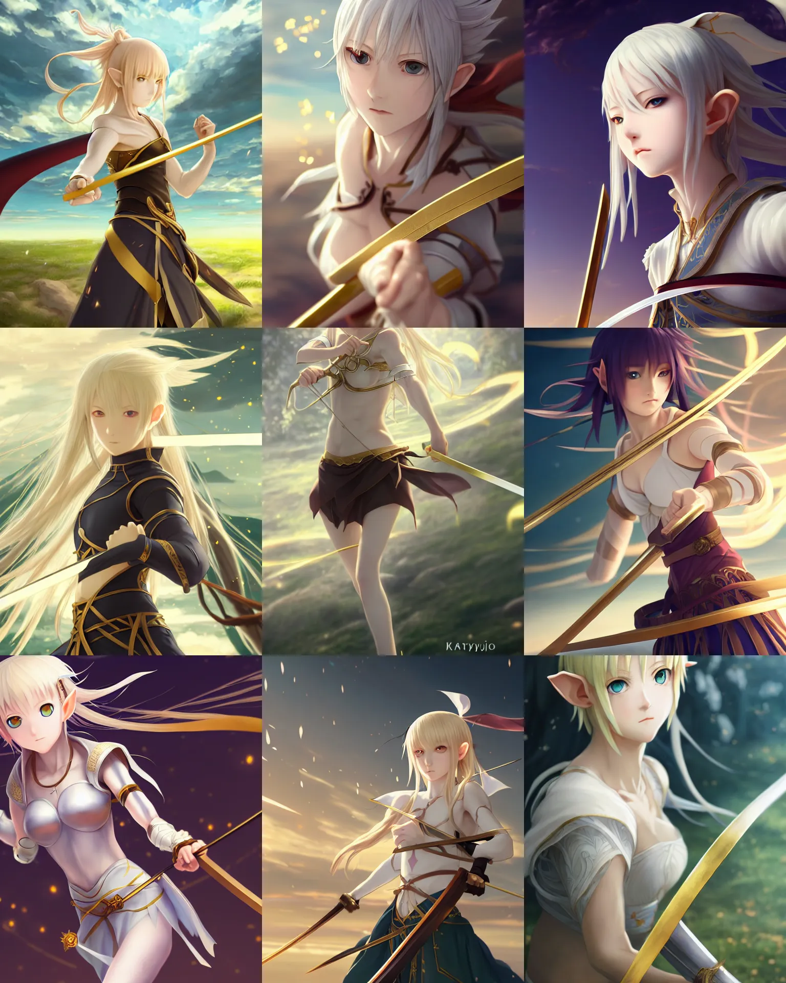 Prompt: renaissance art elf girl with white skin, katana in hand, golden hair blowing the wind, trending artistic art, soft anime, dynamic photography, fate zero, realistic face, extremely high detailed, bokeh background, studio ghibly makoto shinkai yuji yamaguchi, wlop