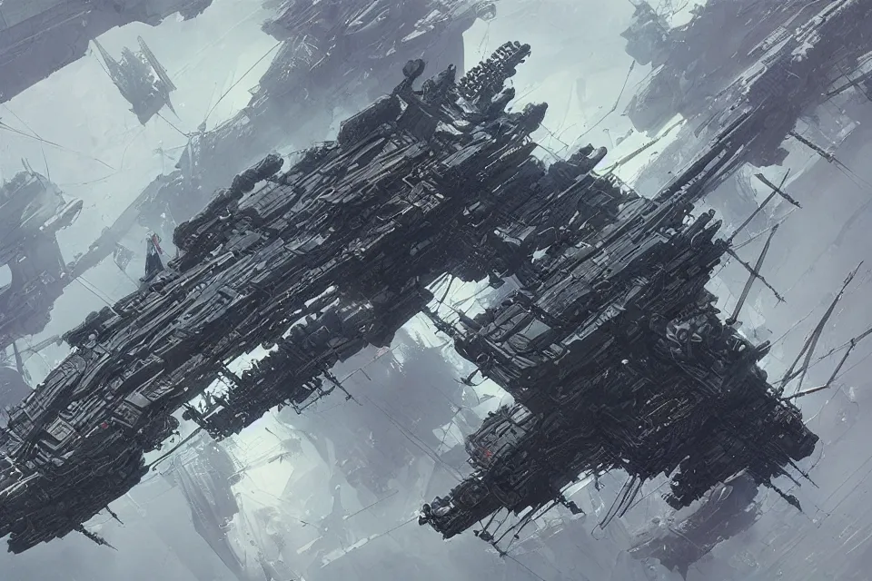 Image similar to cyberpunk battleship in the sky, concept art with intricate line drawings, by John Harris, Emil Melmoth, Craig Mullins, Yoji Shinkawa, trending on artstation, moebius comic, Marc Simonetti, lan McQue, Kentaro Miura, hyper detailed, cinematic