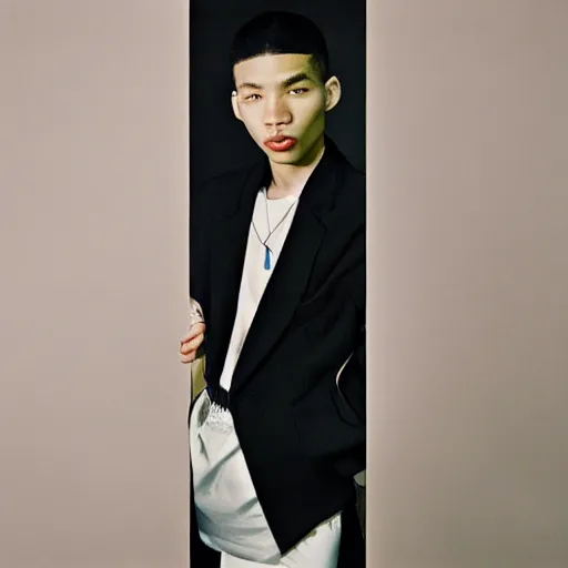 Image similar to realistic! photoshoot for a new balenciaga lookbook, color film photography, portrait of a beautiful asian model, photo in style of tyler mitchell, 35mm