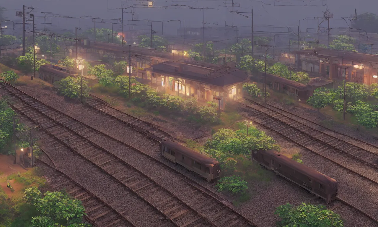Prompt: railway station, train, the movie the garden of words by makoto shinkai, a littlebright color, light rain, moist, 8 k, unreal engine