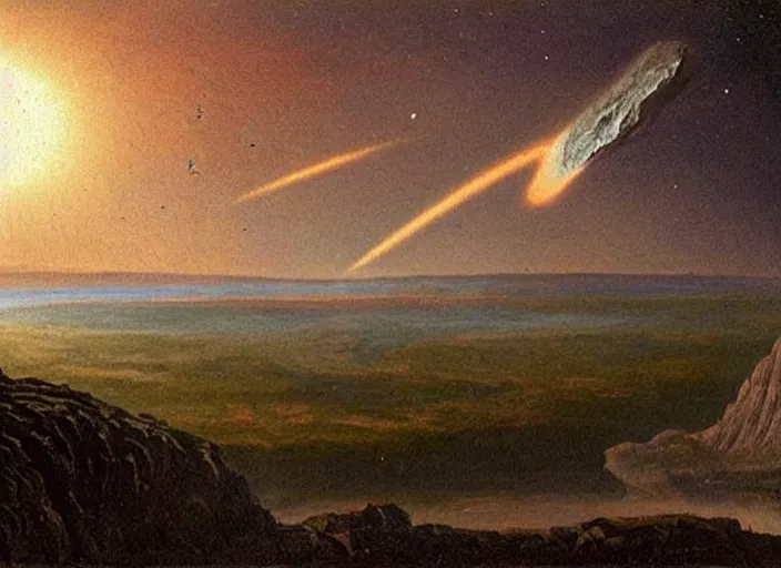Prompt: earth during the cretaceous – paleogene extinction event, just as the asteroid is colliding with earth, the asteroid later forms the chicxulub crater, seen from space, in the style of hudson river school of art, oil on canvas