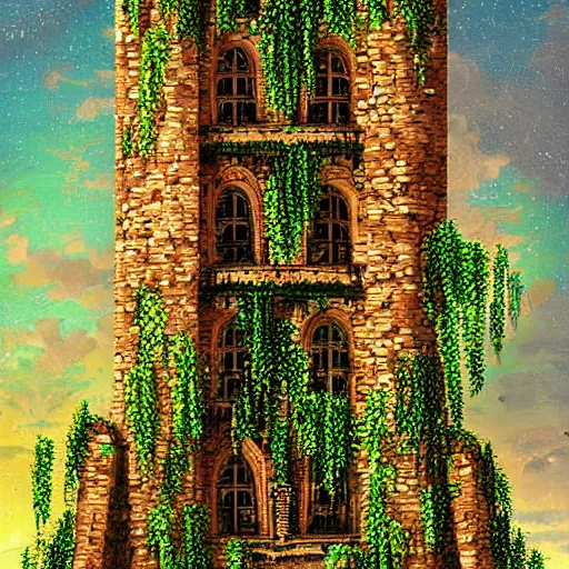 Image similar to ruins of a tower covered in creepers, beautiful, intricate, detailed, digital art painting