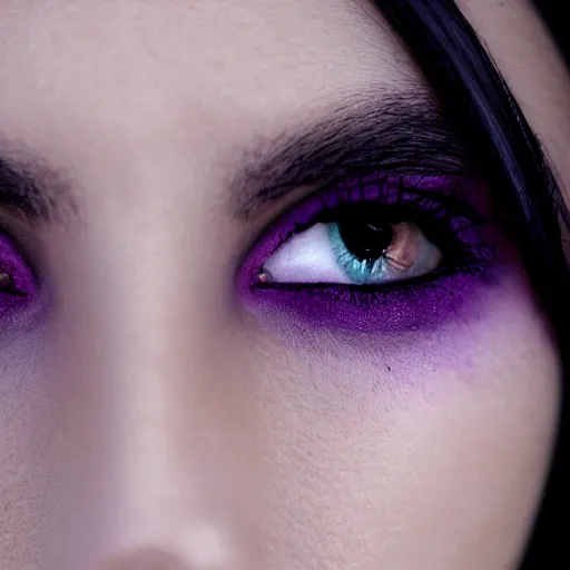 Prompt: Pale-skinned Persian girl, black hime cut, purple eyes, mysterious girl, close up, photograph