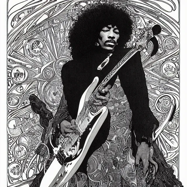 Prompt: artwork by Franklin Booth and Alphonse Mucha and Moebius showing a portrait of Jimi Hendrix as a futuristic space shaman, futuristic electric guitar