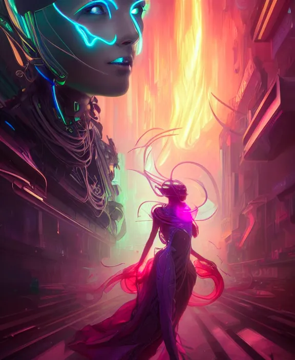 Image similar to whirlwind souls rushing inside metaverse, half body, glowin eyes, tiara, pharaoh, android, cyborg, cyberpunk face, by loish, d & d, fantasy, intricate, elegant, highly detailed, colorful, vivid color, digital painting, artstation, concept art, art by artgerm and greg rutkowski and alphonse mucha and ruan jia