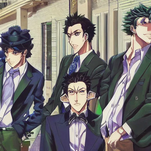 Image similar to a beautiful painting of four well dressed men with perfect anime faces posing for a picture on a city street by hirohiko araki, detailed line art, jojos bizarre adventure