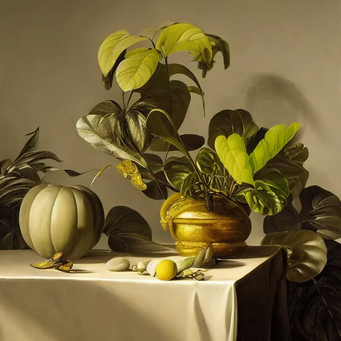 Prompt: still life painting of exotic alien plants by pieter claesz, oil on canvas, strong lighting, highly detailed, hyper realism, golden hour, god rays, hd, 4 k