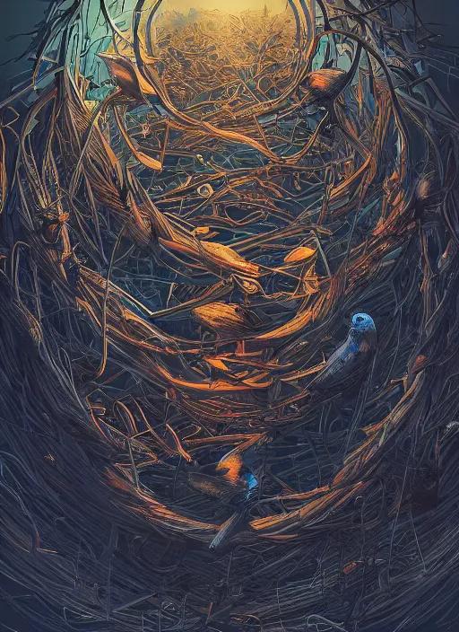 Image similar to crows nest like a wreath, cruelty, black crows, light effect, hyper detailed, intricate, elegant, highly detailed, digital painting, artstation, concept art, matte, sharp focus, illustration, by dan mumford, yusuke murata, makoto shinkai, ross tran