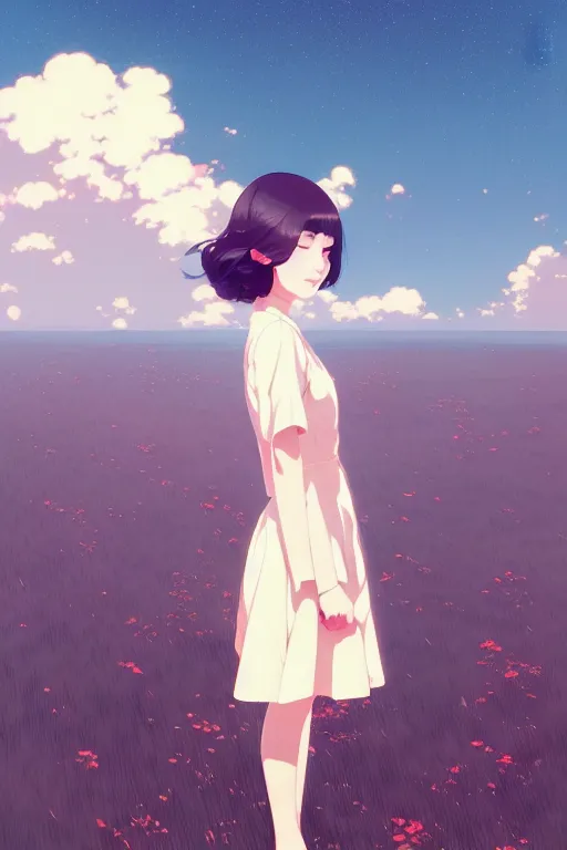 Image similar to cover of a smiling girl by ilya kuvshinov, cloudy sky background lush landscape ln illustration concept art anime key visual trending pixiv by victo ngai fanbox by greg rutkowski makoto shinkai takashi takeuchi studio ghibli