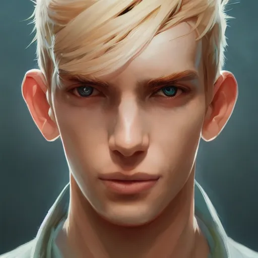 Prompt: symmetry! a detailed close up portrait of a blonde young man, unreal engine, fantasy art by greg rutkowski, loish, rhads, ferdinand knab, makoto shinkai and lois van baarle, ilya kuvshinov, rossdraws, tom bagshaw, caustic lighting, detailed and intricate environment